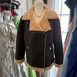 Primark Dark Brown Faux Leather Jacket with Cream Type Shearling